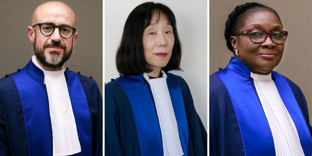 Pictured here from left to right: ICC First Vice-President Judge Rosario Salvatore Aitala, ICC President Judge Tomoko Akane and ICC Second Vice-President Judge Reine Alapini-Gansou  ©ICC-CPI